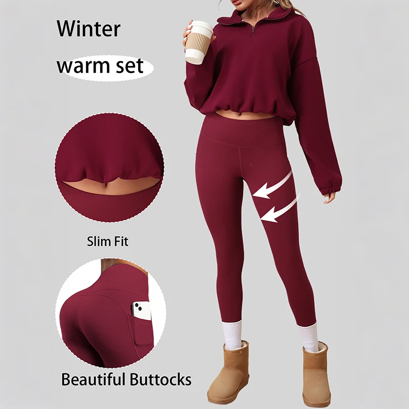 2PCS Thermal Yoga Set Fleece Fintness Suit Women's Sports Set  Fleece Pullover Sweatshirt with Non-fleece-lined  Leggings