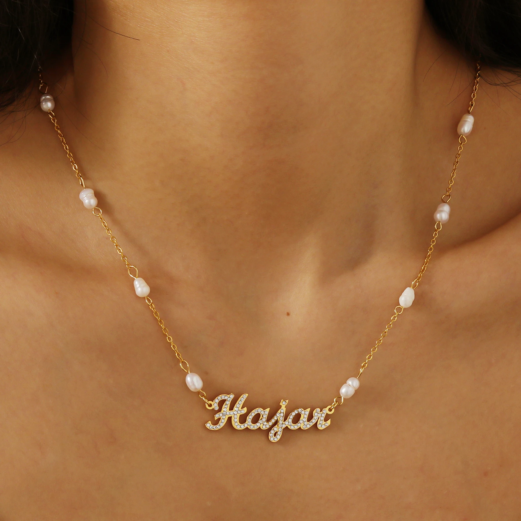 Custom Name Pearl Chain Necklace With Rhinestones Personalized Pearl Bracelets Stainless Steel Pendant Women Girls Jewelry Gifts