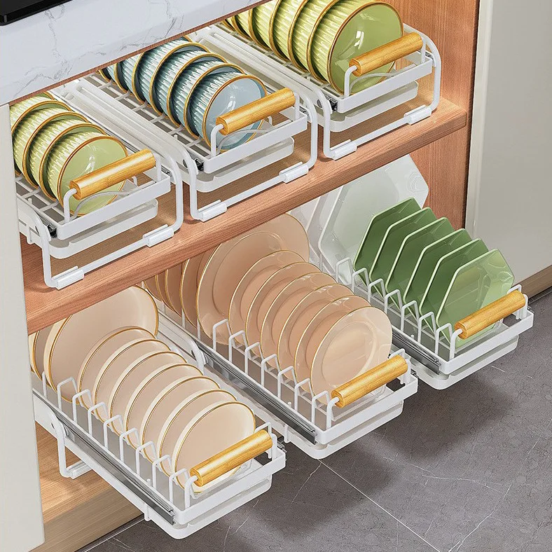 New Upgrade Extended Pull-out Drain  Bowl Rack Size Card Slot Spacing Dish Racks  Cabinet Internal Standing Dish Storage Shelf