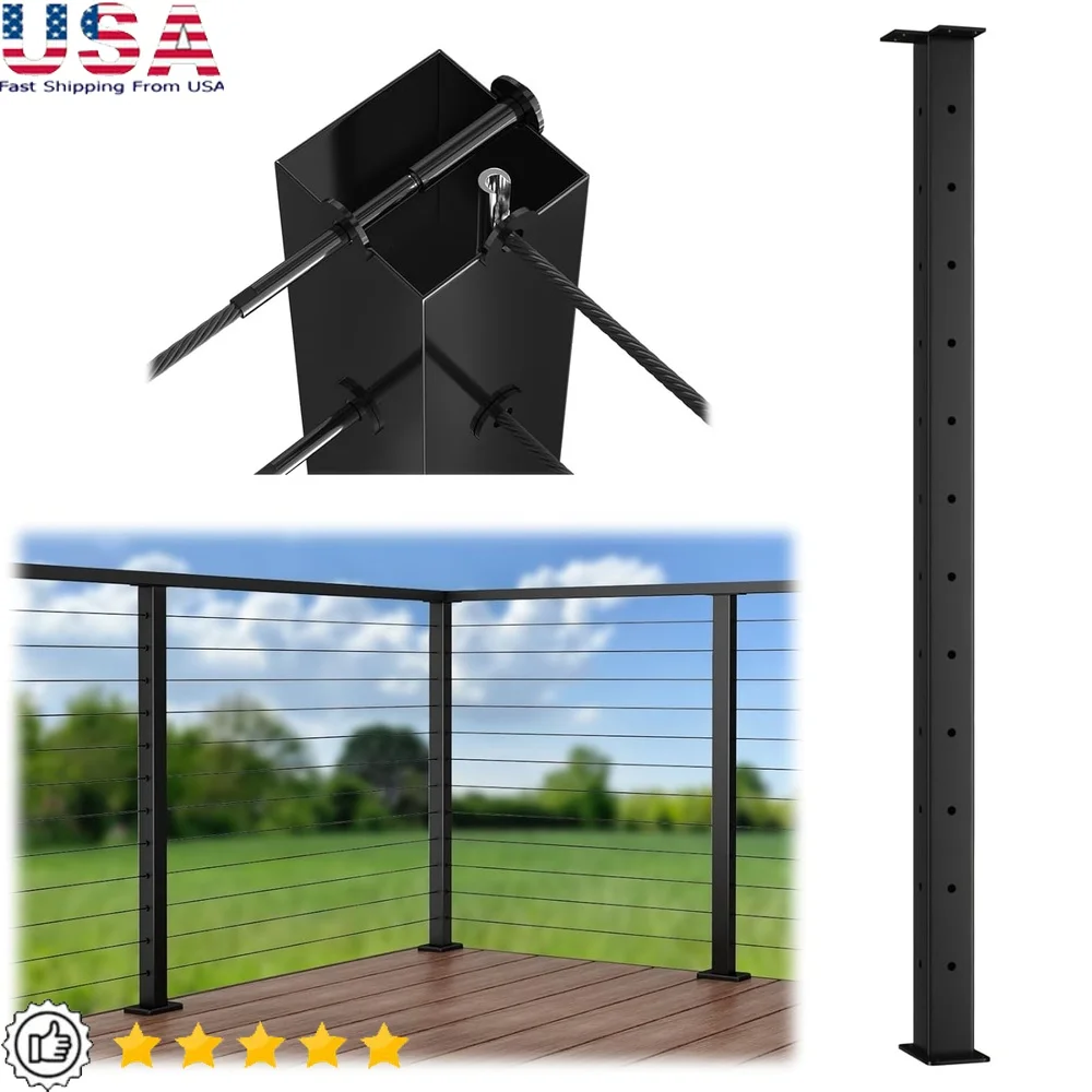 

Black Stainless Steel Corner Cable Railing Post Surface Mount T-Drilled 42 Inch One-Post Solution Deck Stair Balcony Fence