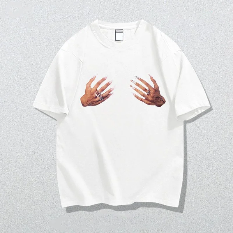 T-shirt ample à manches courtes pour hommes et femmes, haut tout-en-un amincissant, imprimé large, surdimensionné, 2 mains, été américain, Y2K