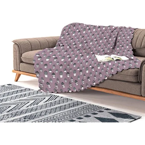 Real Homes Light Purple Zeminli Cactus Design Digital Printed Modern Chenille Sofa Cover & Shawl