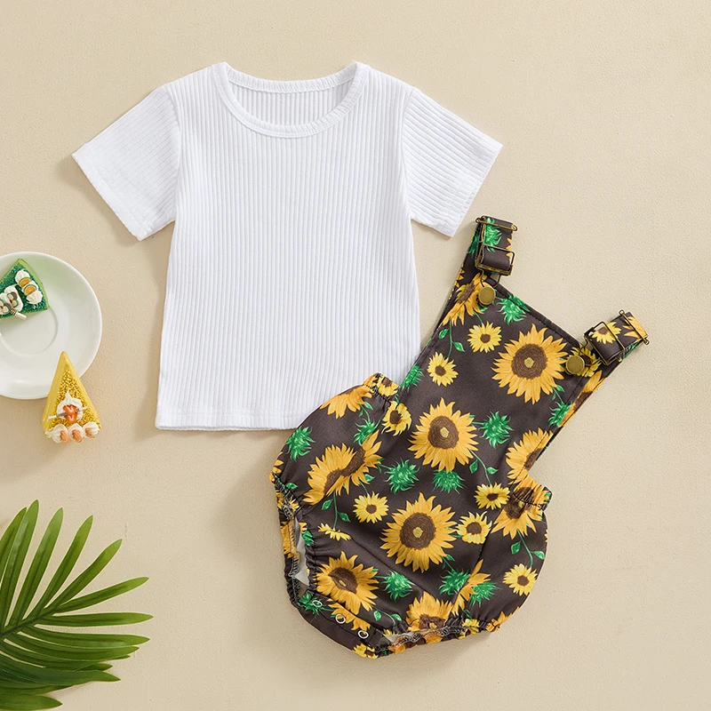 

Infant Girl Clothes Baby Short Sleeve T Shirts Sunflower Overalls Romper Jumpsuit Summer Outfit Cute Clothing Set