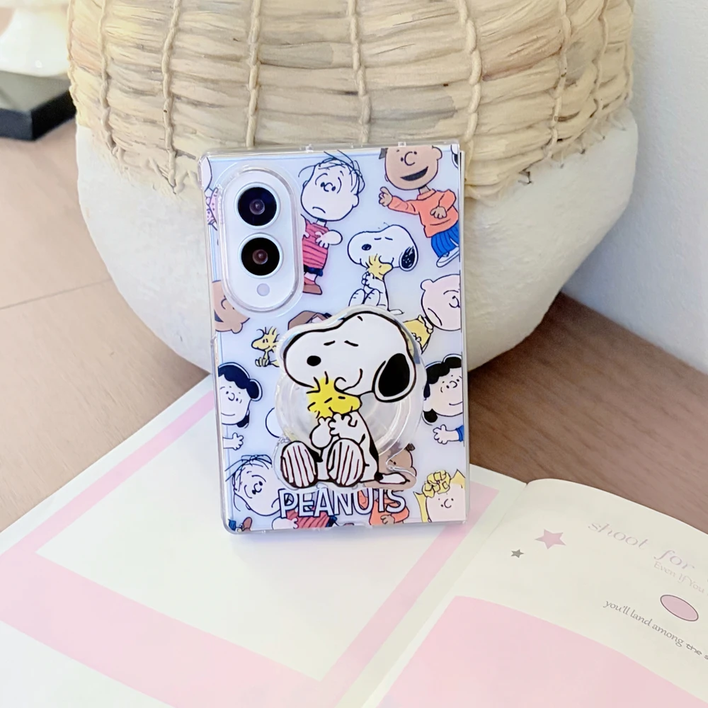 Cute Cartoon Peanuts Snoopy Charlie Brown Stand Holder Phone Case For Samsung Galaxy Z Fold 8 7 6 5 Case With Lanyard