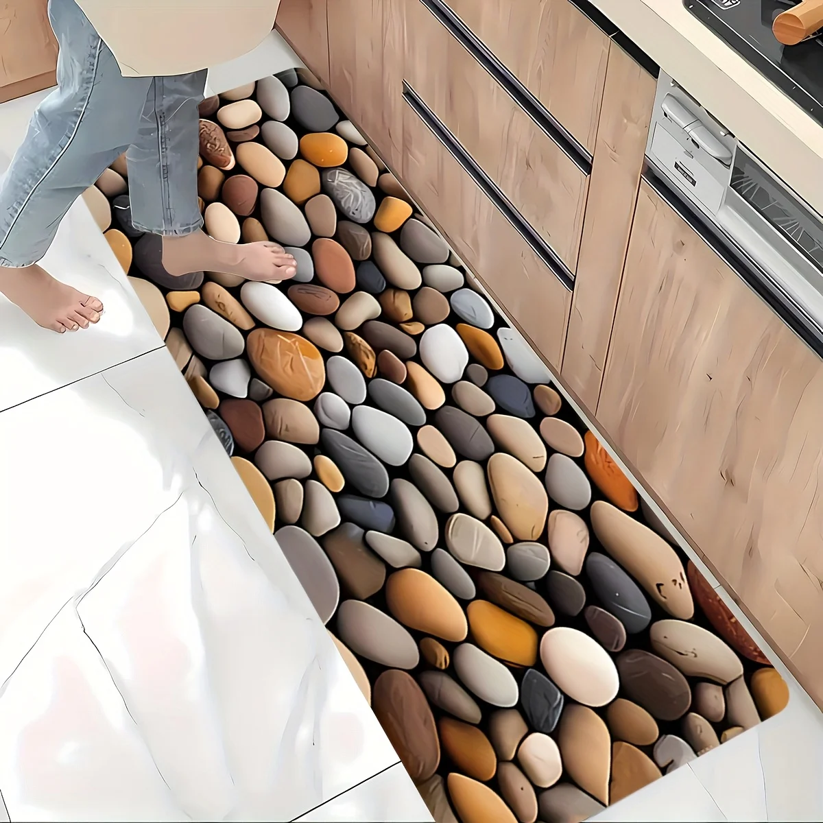 

Natural Pebble Stone Print Kitchen Long Mat, Non-Slip Washable Durable Runner Rug for Kitchen, Bathroom, Laundry Room Decor