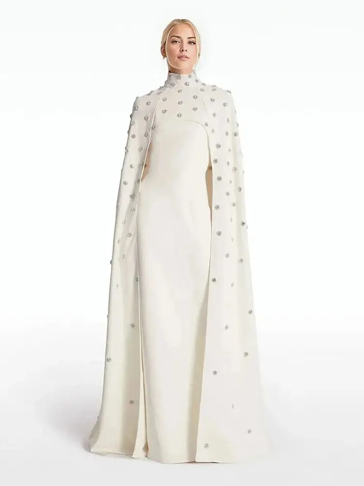 Customized Vintage Two Pieces Prom Dresses with Cape Wedding Party Dresses High Collar Crystal Beaded Evening Gowns Arabic 2024