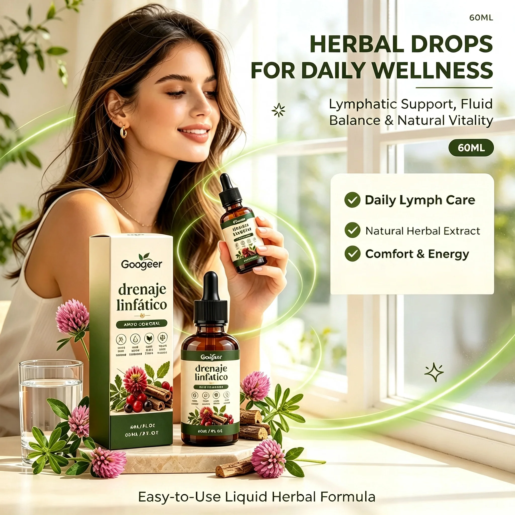 60ml Googeer Lymph Support Herbal Drops, Lymphatic Drainage Liquid Supplement, Promote Lymph Circulation & Whole Body Balance