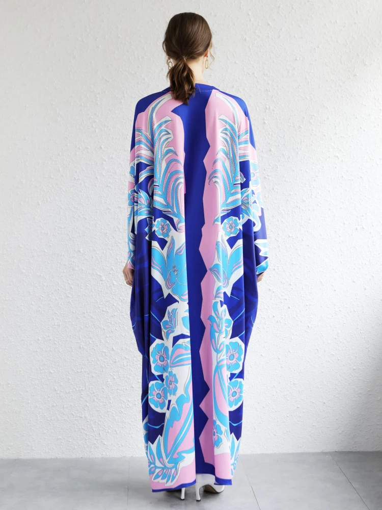 Fashion Bohemian Robe Dress V Neck Batwing Sleeve Single Breasted Loose Printing Long Vestidos