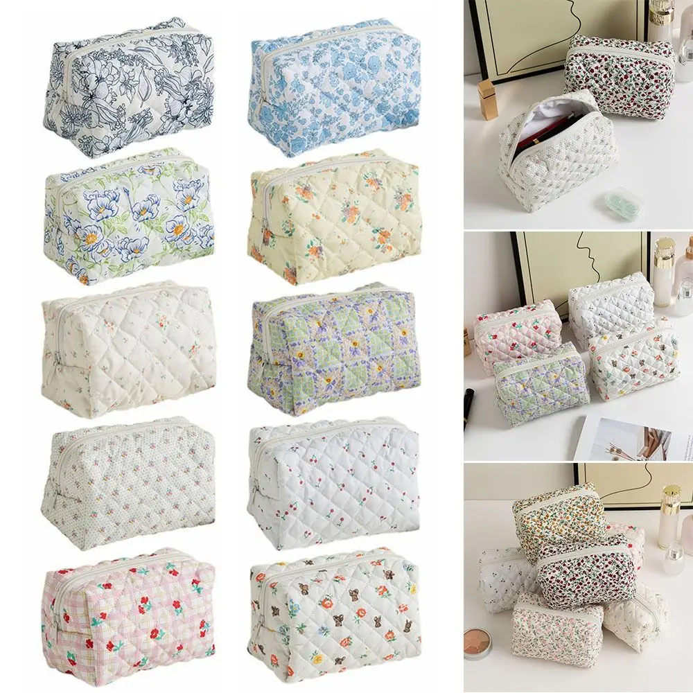 Flower Printed Floral Puffy Quilted Makeup Bag Cosmetic Bag Travel Organizer Toiletry Bag Storage Bag Washbag