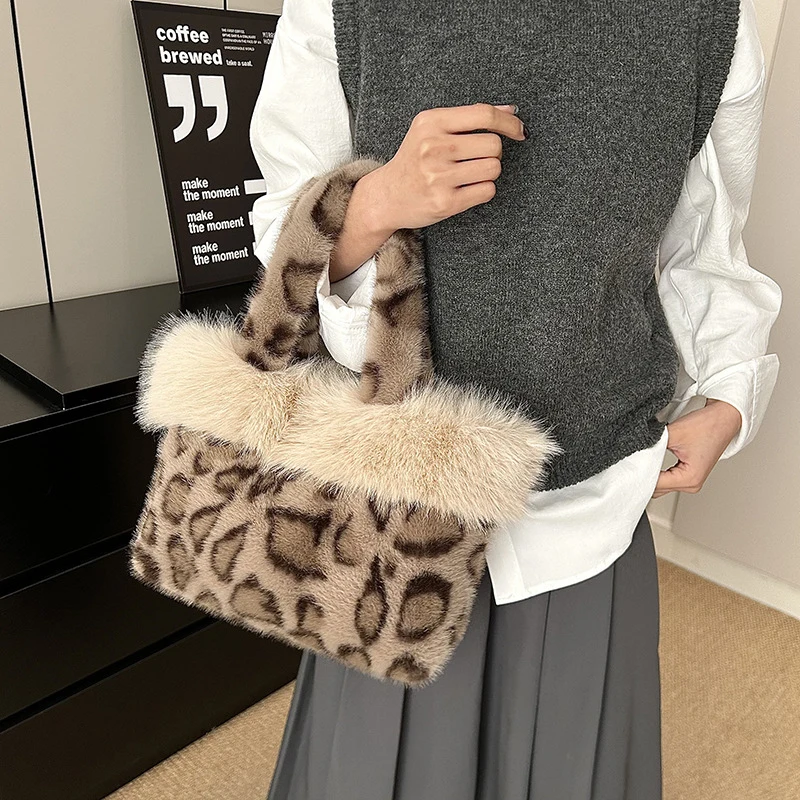 Y2k Korean Plush Bag Retro Leopard Print Bags For Women Underarm Bags Leopard Zebra Pattern Fluffy Tote Bags Faux Fur Handbags