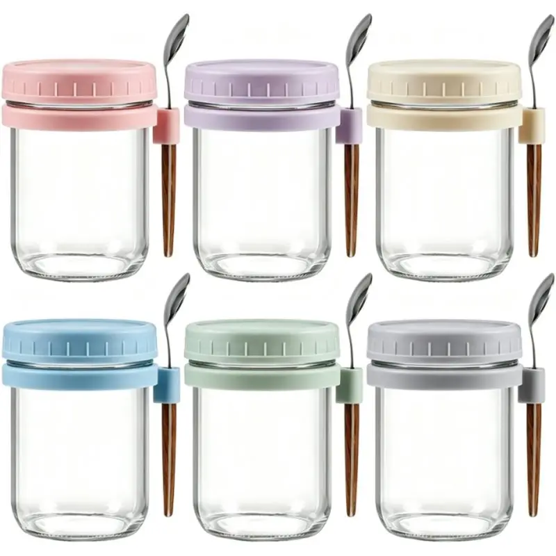 B08B-Frasco de vidrio con tapa y cuchara, 1 juego de recipientes para avena nocturna, diseño hermético de gran capacidad, ideal para almacenar cereales, Mi