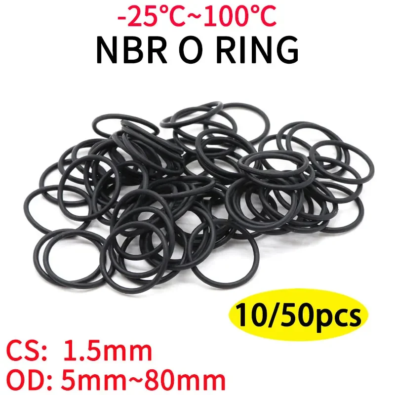 10pc NBR O Ring Seal Gasket Thickness CS 1.5mm OD 5~80mm Nitrile Butadiene Rubber Spacer Oil Resistance Washer Round Shape Black