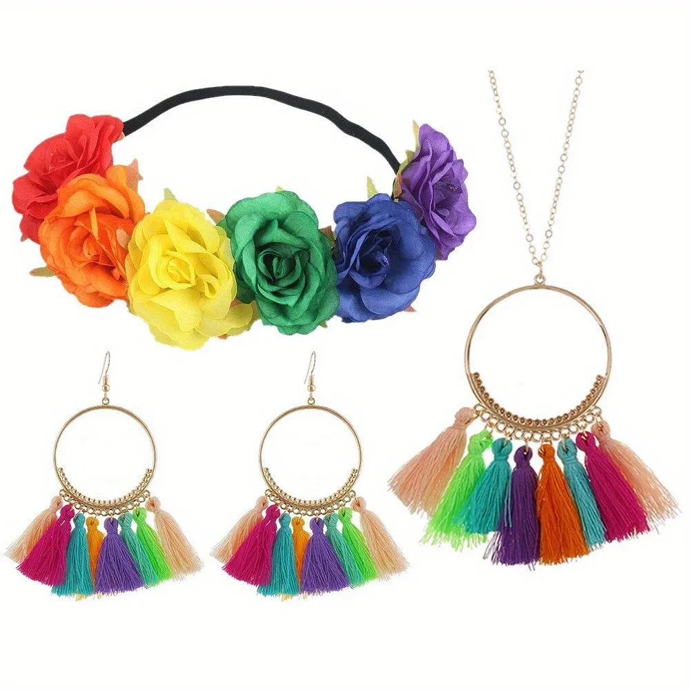 

Proud Moon Rainbow Flower Crown Headband Elastic Rose Headband with Colorful Tassel Earrings and Necklace, Rainbow Sunglasses