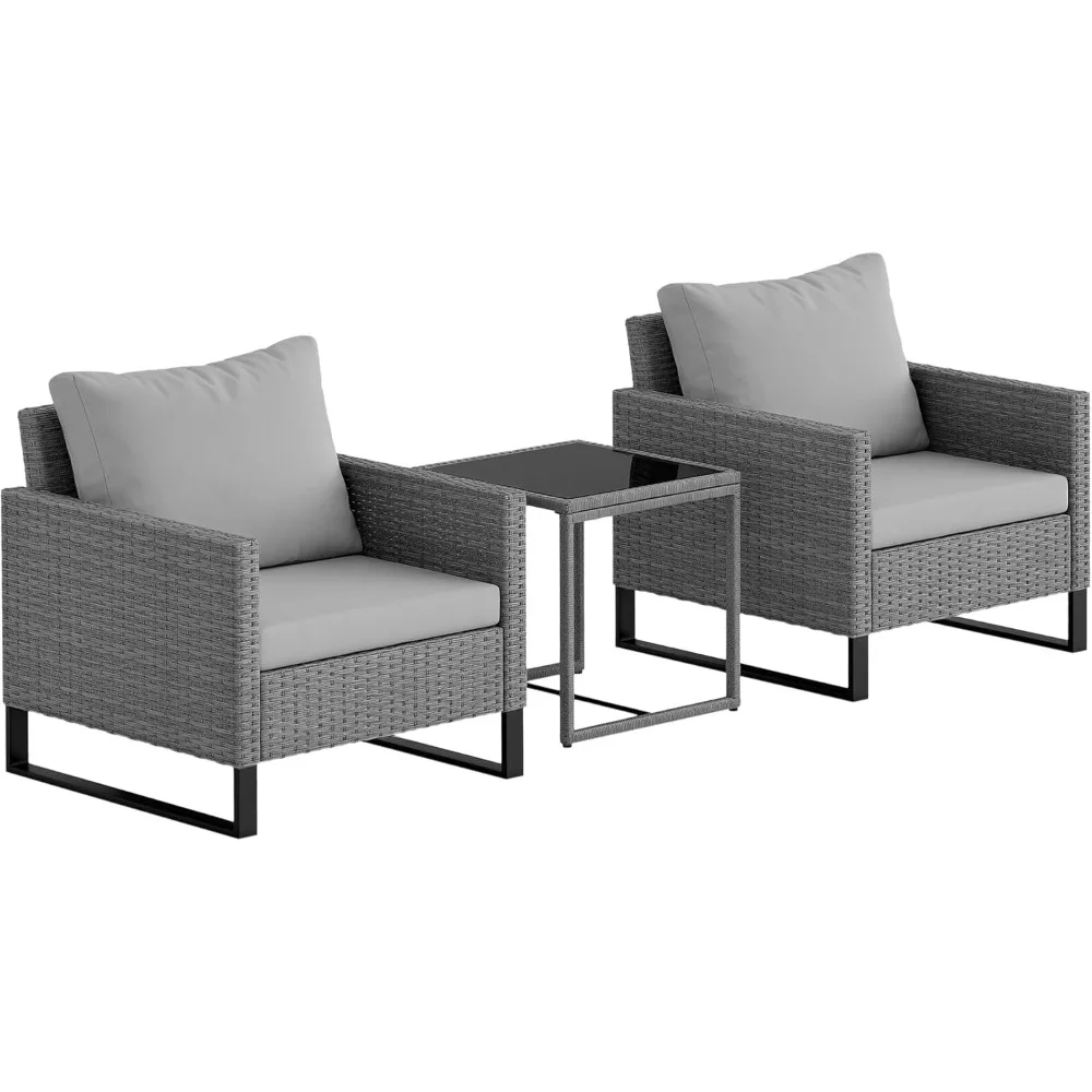 

3 Pieces Patio Furniture Set, Wicker Conversation Bistro Set with 4 Soft Cushions, Rattan Chairs and Glass Coffee Table for Bac