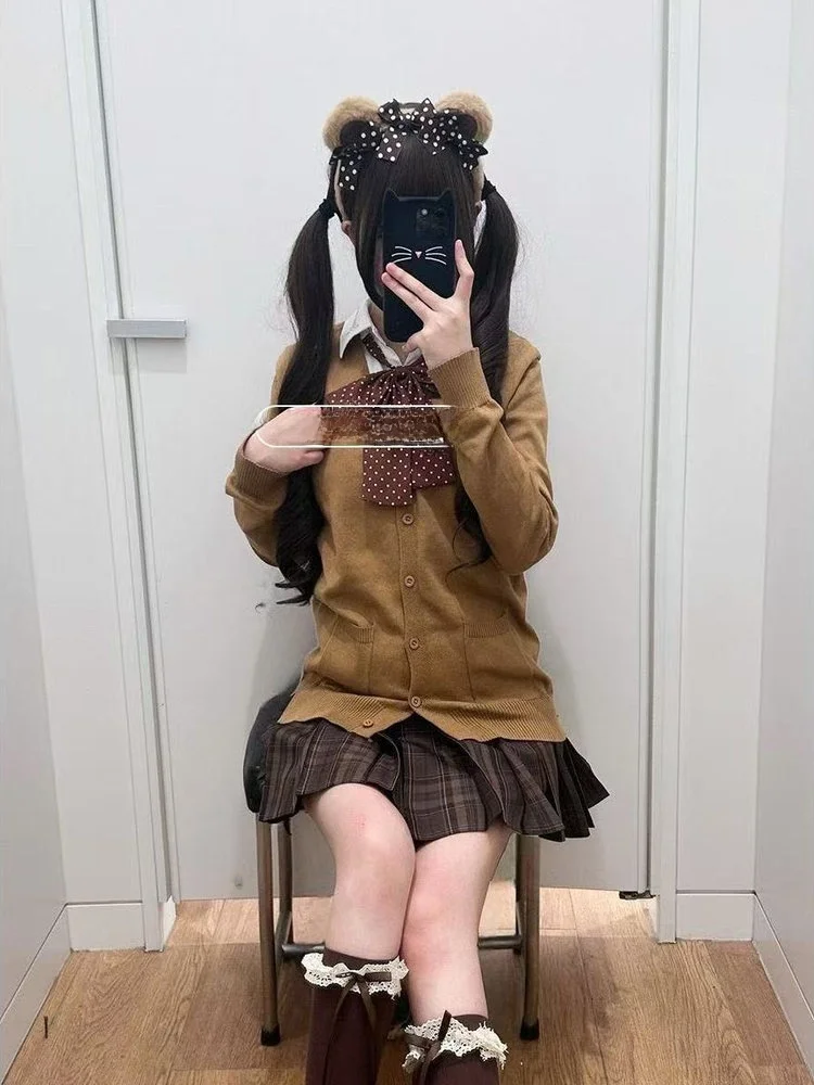 

Вязаный кардиган карамельного цвета, школьный orm Sle, полный комплект, осенне-зимняя джинсовая юбка, комбинированная длинная свековая воротник на пуговицах