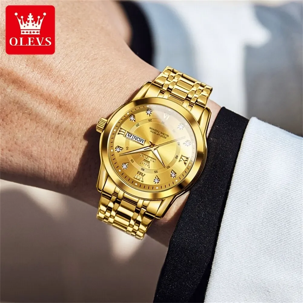 OLEVS 5513 Orologio al quarzo da uomo Diamanti di lusso Impermeabile Oro luminoso Acciaio inossidabile Settimana Data Orologio da polso da uomo Reloj Hombre