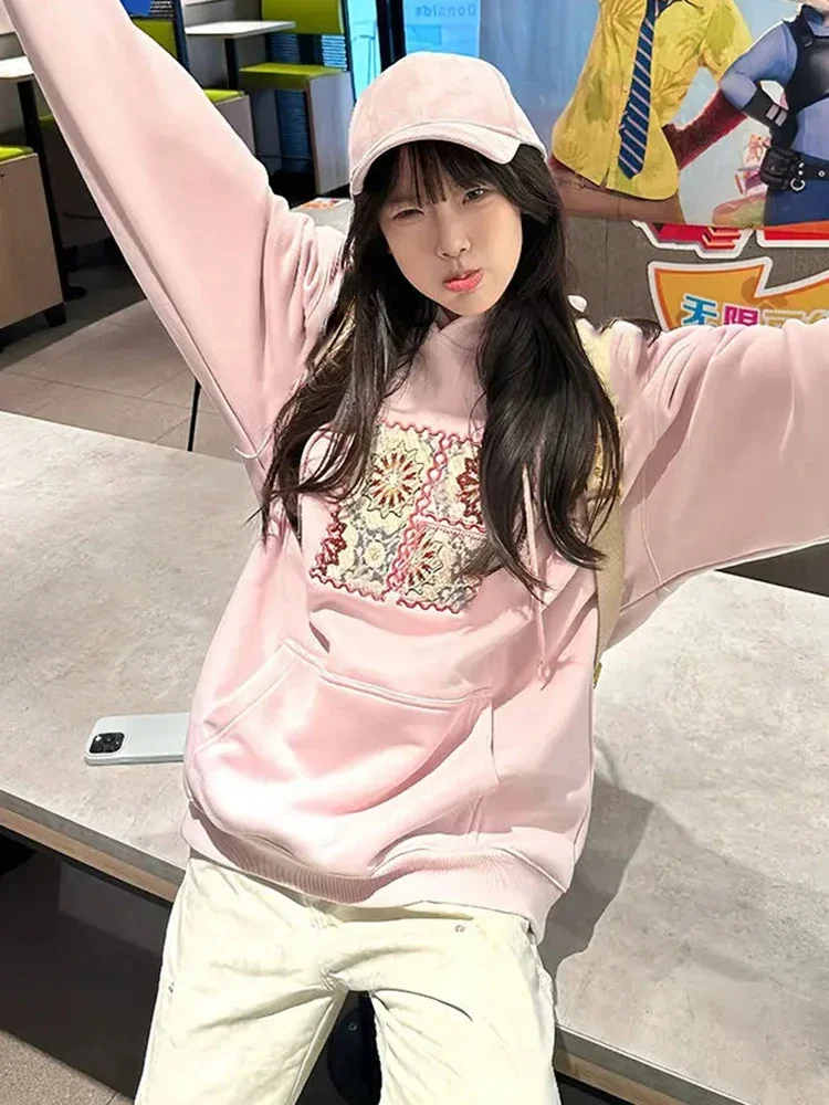 Y2k – sweat-shirt à capuche avec cordon de serrage brodé rose pour femme, Vintage, Streetwear, ample, Harajuku, vestes Grunge décontractées, 2025