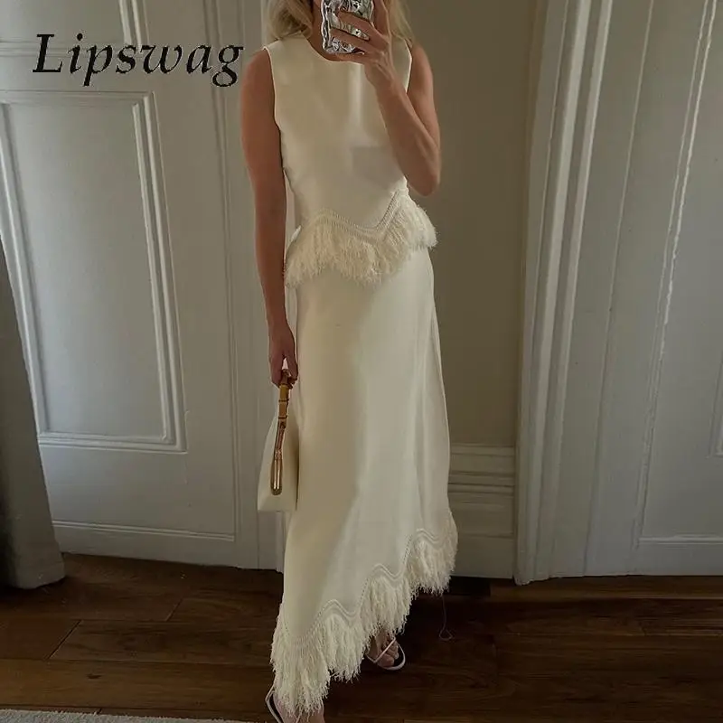 

2025 Elegant Tassel Lace Patchwork Outfits Casual O-neck Pullover Top & Long Skirt Set Women Fashion Temperament White 2Pc Suits
