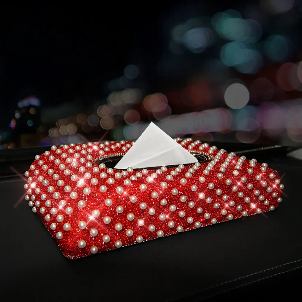 

Luxury Leather Car Tissue Box Cover Crystal Rhinestone Block Paper Storage Box