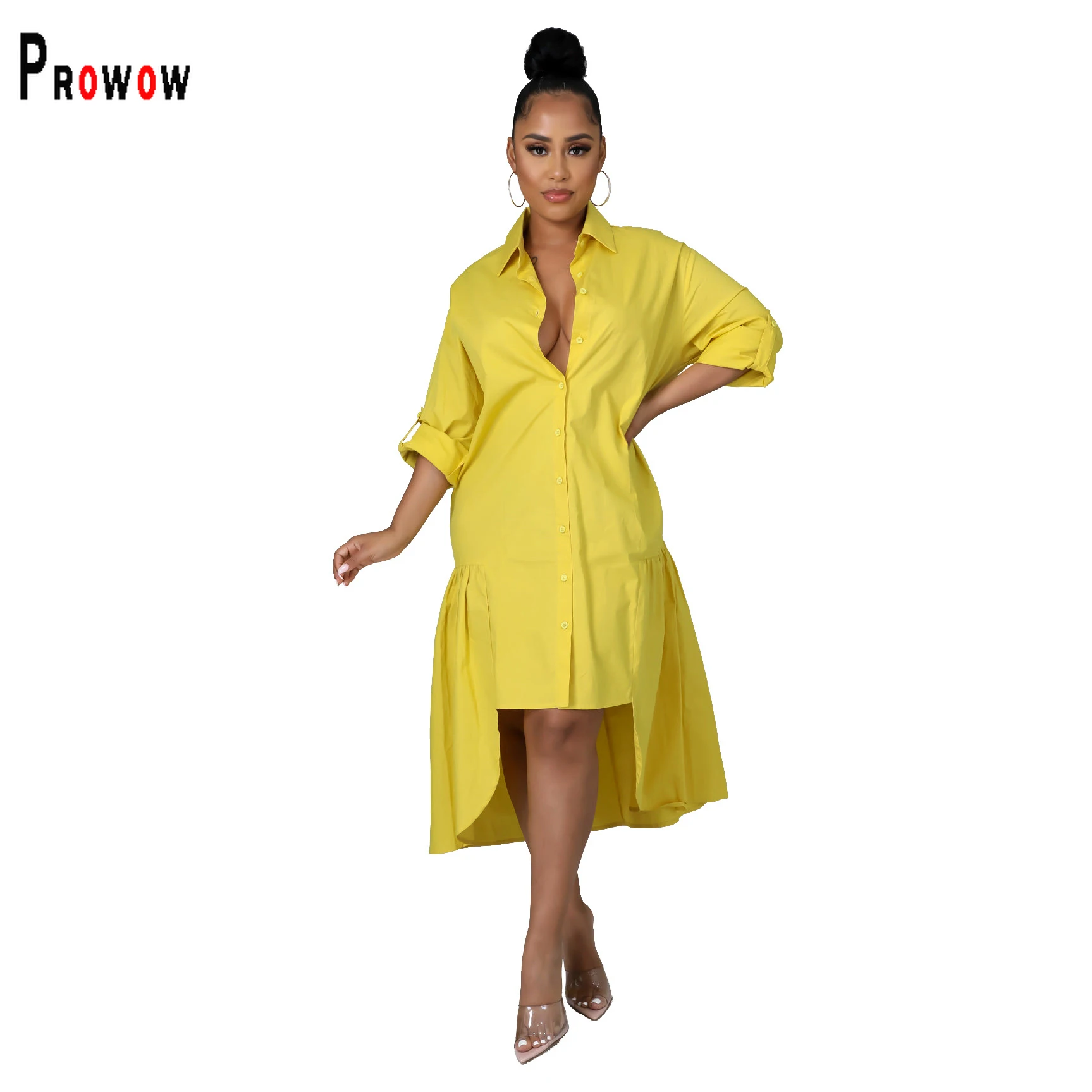 

Prowow Women's Maxi Blouses Dress Long Sleeve Single Breasted Irregularity Hemline Dresses Slim Fit Clothing Solid Color Outfits