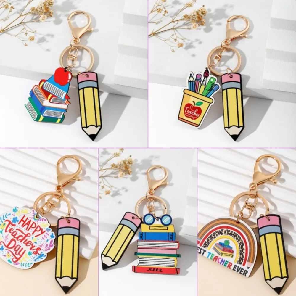 Wooden Pencil Rainbow Keychain English Letter Geometric Shape Teacher's Day Keychain Trinket Charm Teacher Education Pendant