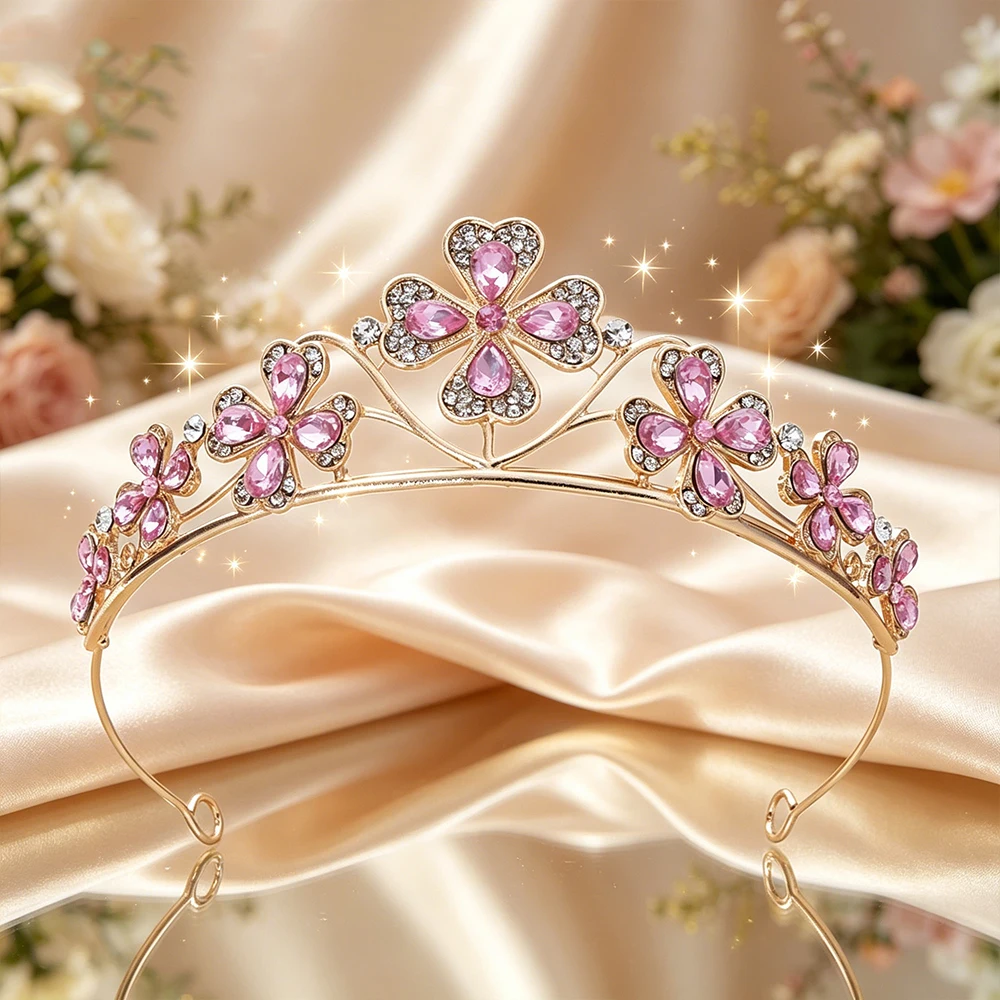 Four Leaf Clover Crystal Bridal Tiara Sparkling Lucky Floral Queen Crown Elegant Vintage Headpiece Wedding Birthday Events