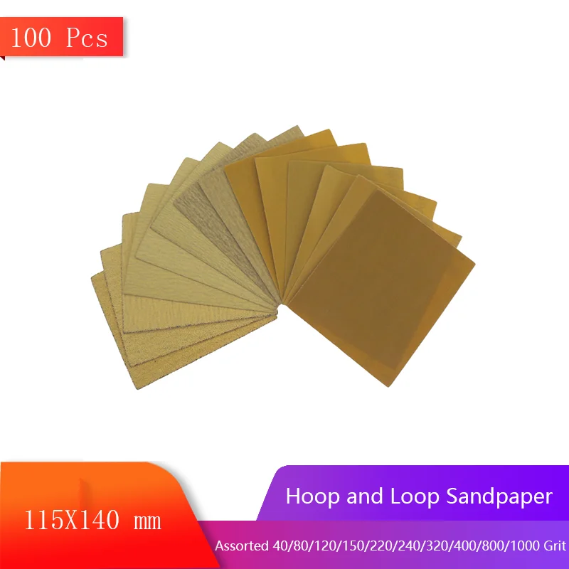 115X140 mm Yellow Hoop and Loop Sandpaper 100 Pcs Assorted Grit for Polishing and Sanding Wood Metal Home Repairs Craft Projects