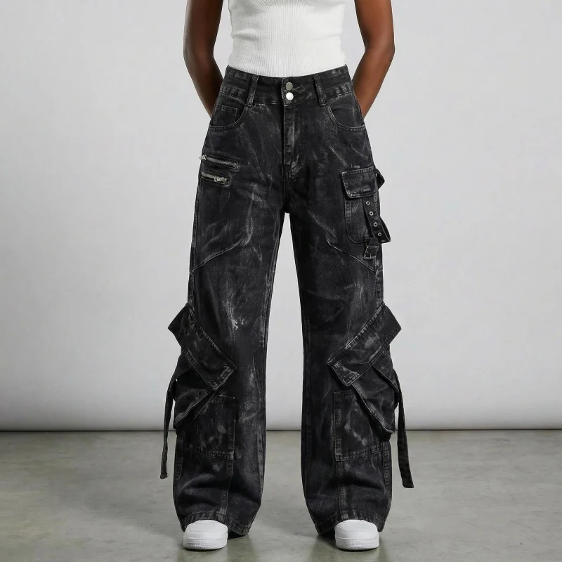 2026 Punk Y2K Style Washed Black Baggy Women's Stacked Cargo Jeans Pants For Woman Clothing Straight Streetwear Long Trousers