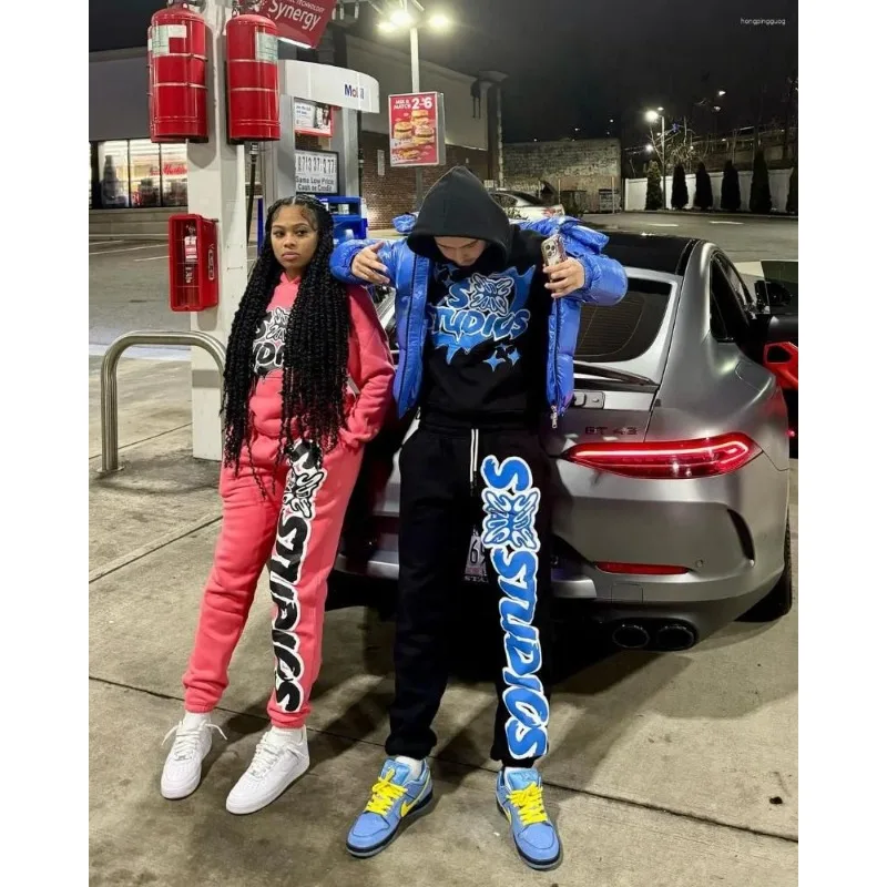 Men's Pants Harajuku High Street Pattern Sweatpants Y2k Fashionstyle Couple Streetwear Waist Wide Trouser Men Tracksuit Black