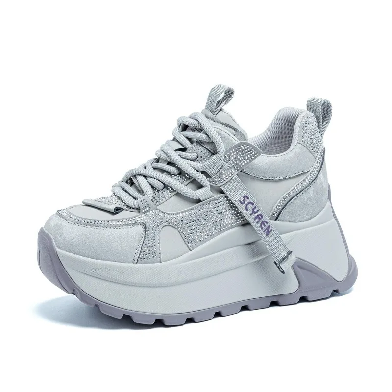 

3..5inch 8.5cm Genuine Leather Platform Wedge Fashion Women fall winter Chunky Sneakers Heel Shoes Breathable Comfortable