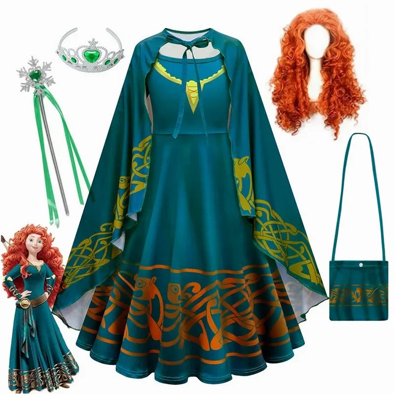 Brave Merida Costume for Girls Xmas Princess Dress Kids Carnival Fantasia Children birthday Halloween Party Cosplay Costume wig