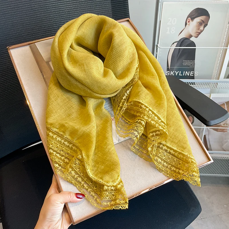 

Women's Lightweight Linen-Cotton Scarf with Flaxen Lace - Stylish, Fashionable, High-Grade Scarf or Shawl