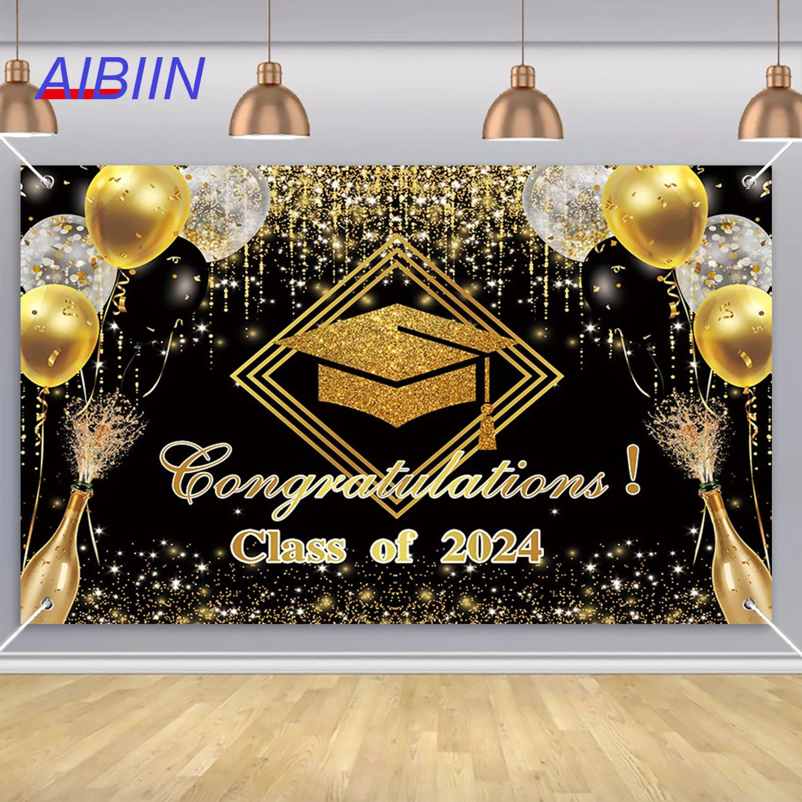 

AIBIIN Class of 2024 Congratulation Grad Banner Backdrop Balloons Gold Glitter Dots Party Decor Graduates Portrait Photozone