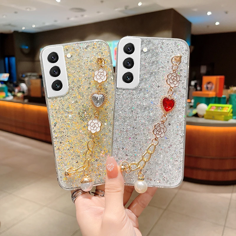 Shiny Glitter Flower Bracelet Case for Samsung Galaxy A13 A32 A52 A72 A23 A50 A51 A71 A11 A21S A31 A20 A33 A22 A10S a12 Cover