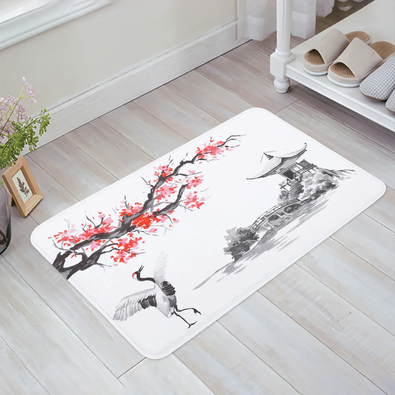 Crane Plum Tree Pavilion Ink Flower Chinese Style Kitchen Doormat Bedroom Bath Floor Carpet House Door Mat Area Rugs Home Decor