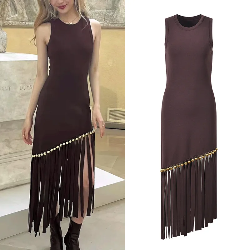 

Summer 2025 New Sle Slim Fit Knitted Vest Dr round Ne Svel Tassel Embellied Briwork Ele Ladylike Design