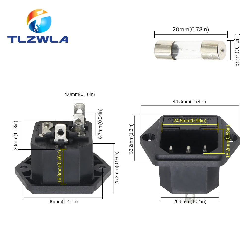 새 패널 장착 3 핀 IEC 60320 C14 인렛 수 전원 플러그 10A AC 250V W 퓨즈 거치대, 1 개