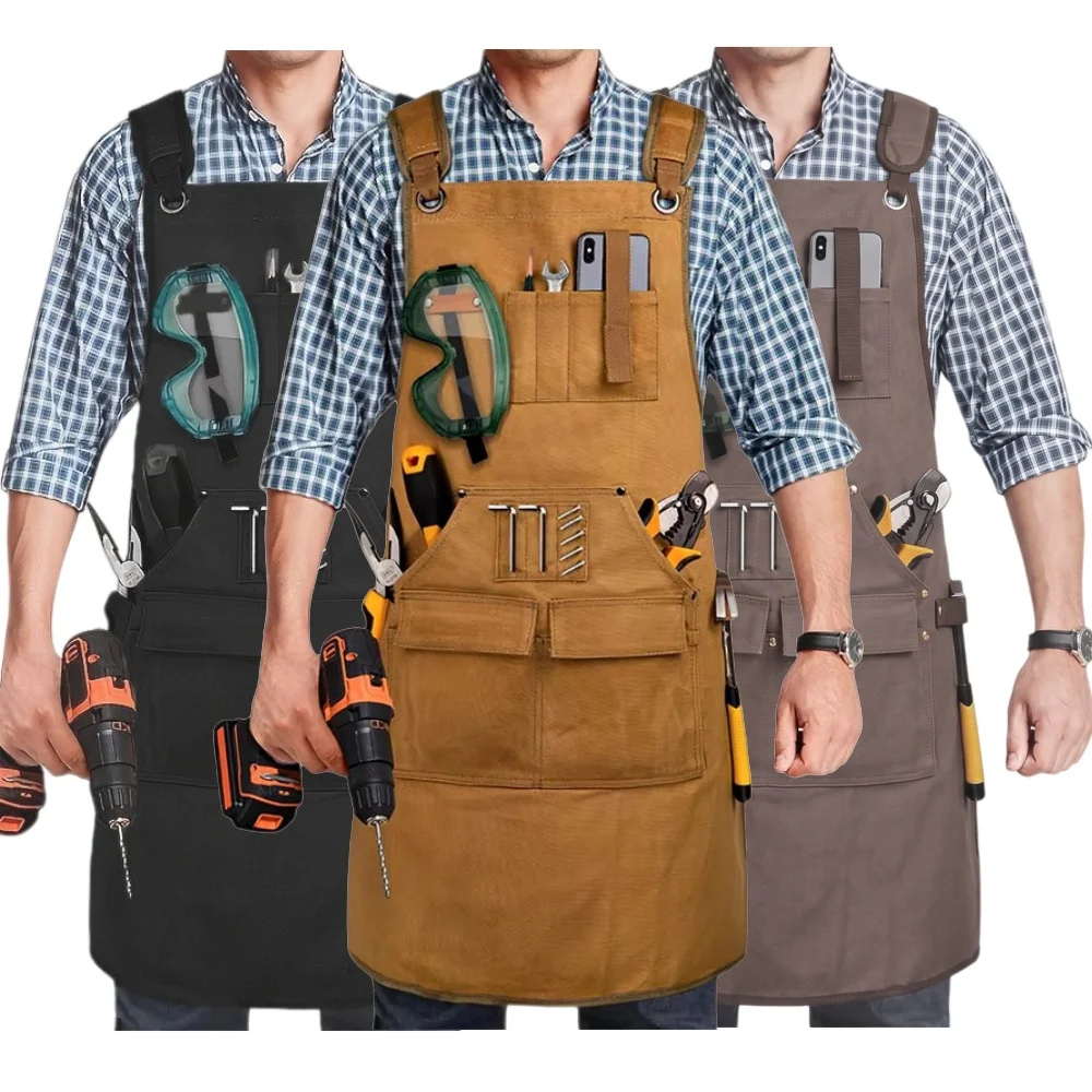 Woodworking Aprons with Adjustable Cross Back Straps Heavy Duty Waxed Canvas Apron Premium Work Apparel for Workshop Mechanics