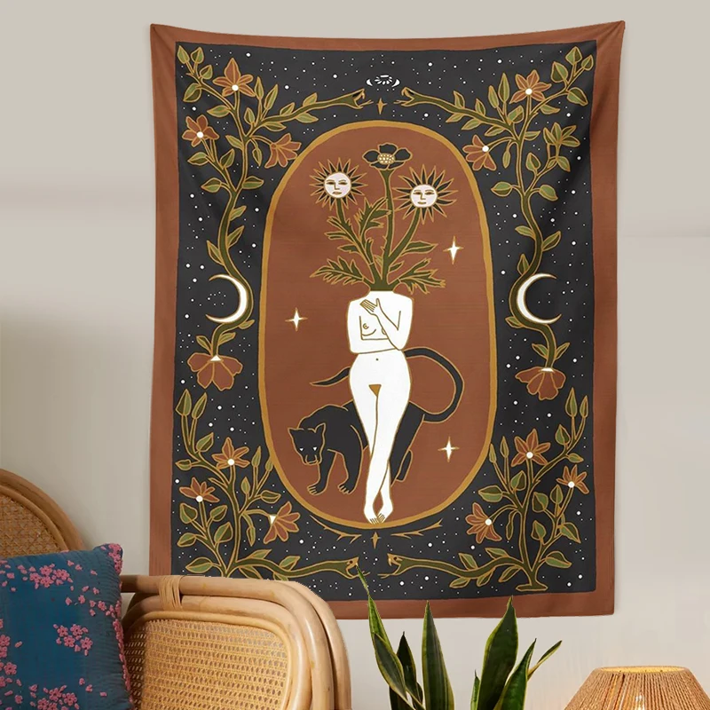 Moon Phase woman Tapestry tarot Witchcraft Moon leopard snake Goddess Sun Moon starry sky Wall Hanging Decor plant flower poster