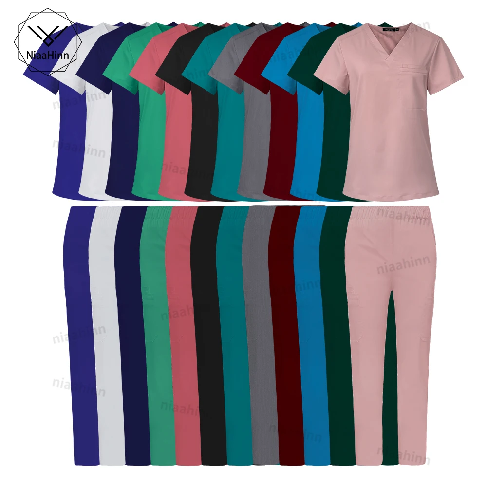 Niaahinn Scrub Hot Sell Medical Uniforms Unisex V-neck Short Sleeved Top Straight Pants Suit High Quality Doctors Surgical Gowns