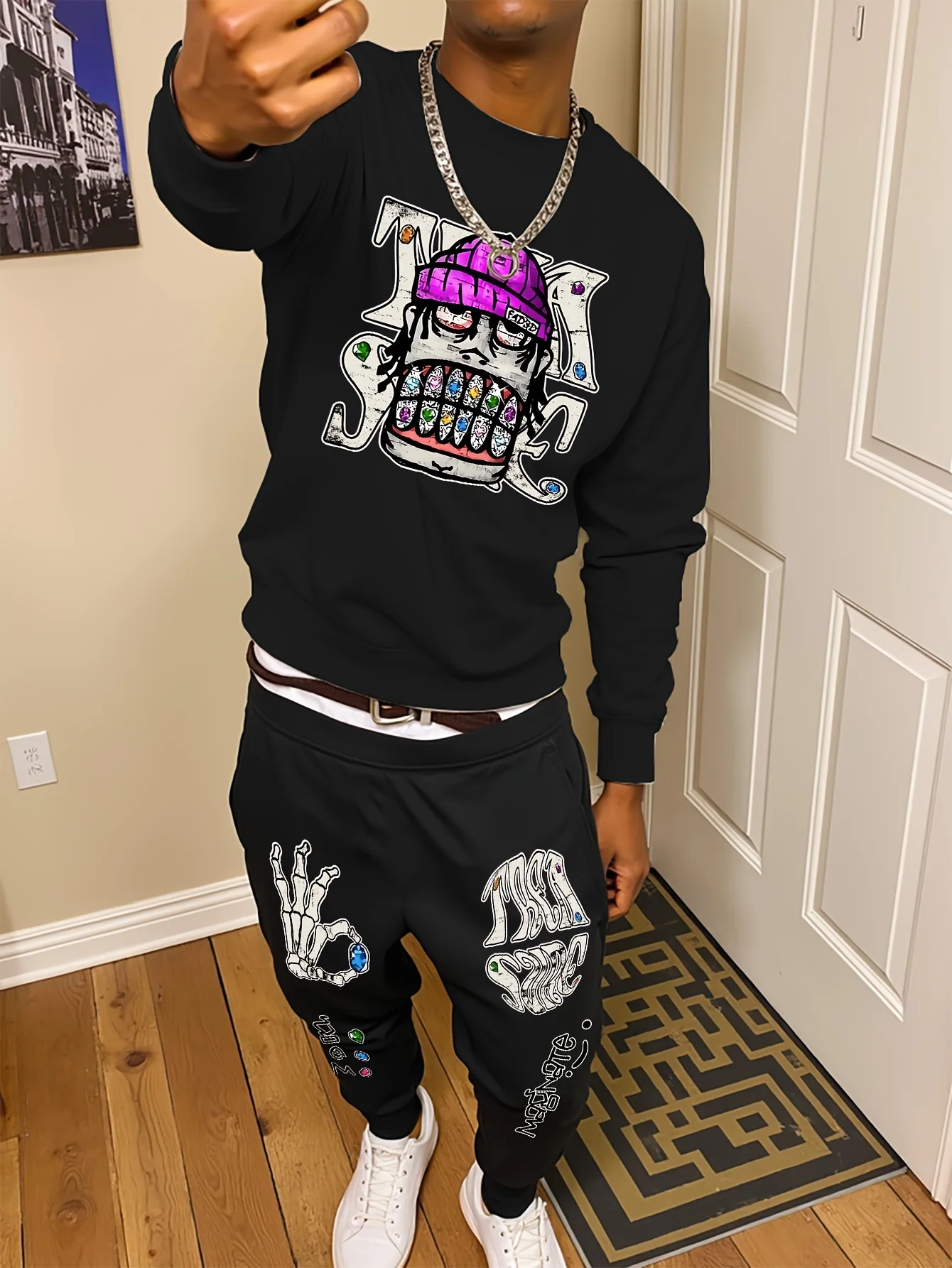 2025 Y2K الخريف الشتاء موضة رياضية الدعاوى الهيب هوب مجموعة ملابس للرجال الدفء مريحة عادية مستديرة الرقبة