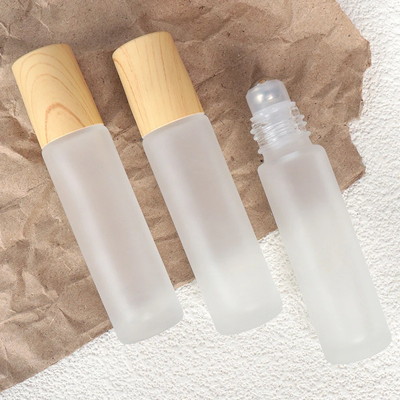 5ml10ml Frosted Glass Roller Bottle Wood Grain Plastic Cap For Essential Oils Roll-On Bottle With Stainless Steel Roller Ball