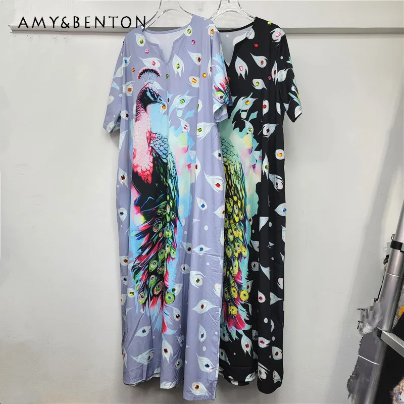 

2025 Autumn New Women's Y2k V-neck Dress Loose Peacock Print Rhinestone Long Dresses Fashion Slimming Vacation Vestisos De Mujer