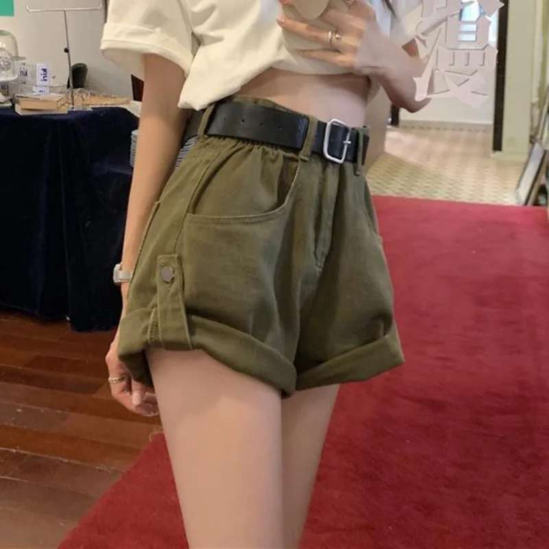 Denim Shorts Women High Waist Summer Solid All-match Hotsweet Loose Casual Rolled Edge Korean Style Chic Streetwear Ins Popular