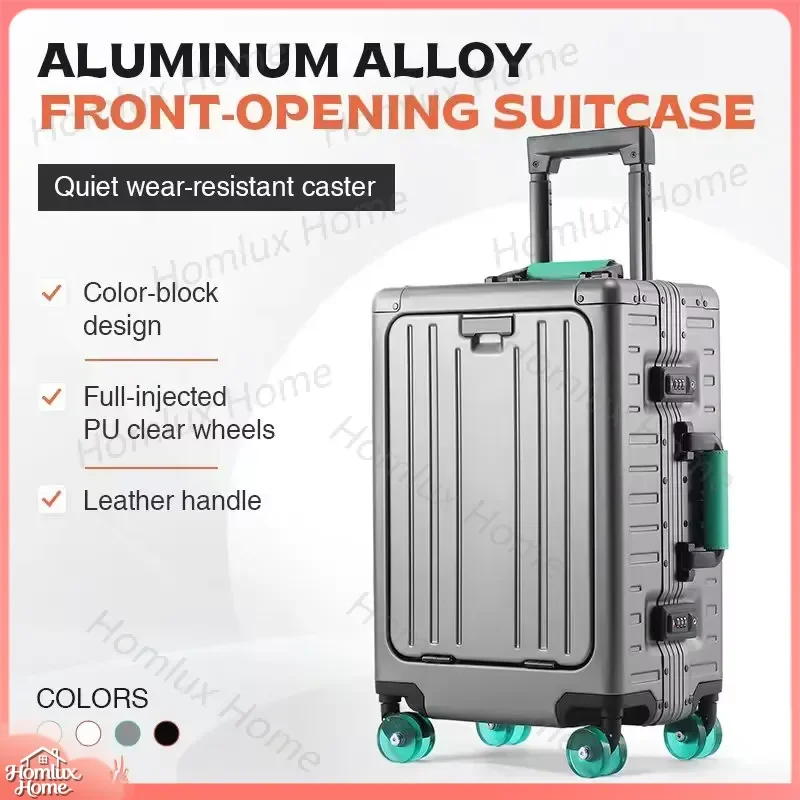 for AIWEINY Aluminum Magnesium Suitcase Front Opening Design 360 Degree Silent TPE Wheels TSA Lock Travel Carry On Luggage