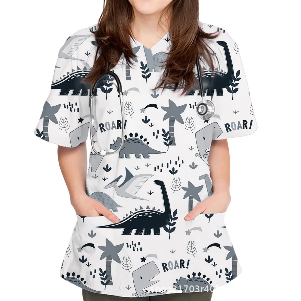 2025 европейская и американская женская униформа для кормления, повседневная защитная рабочая униформа с короткими рукавами и v-образным вырезом с 3D мультяшным принтом