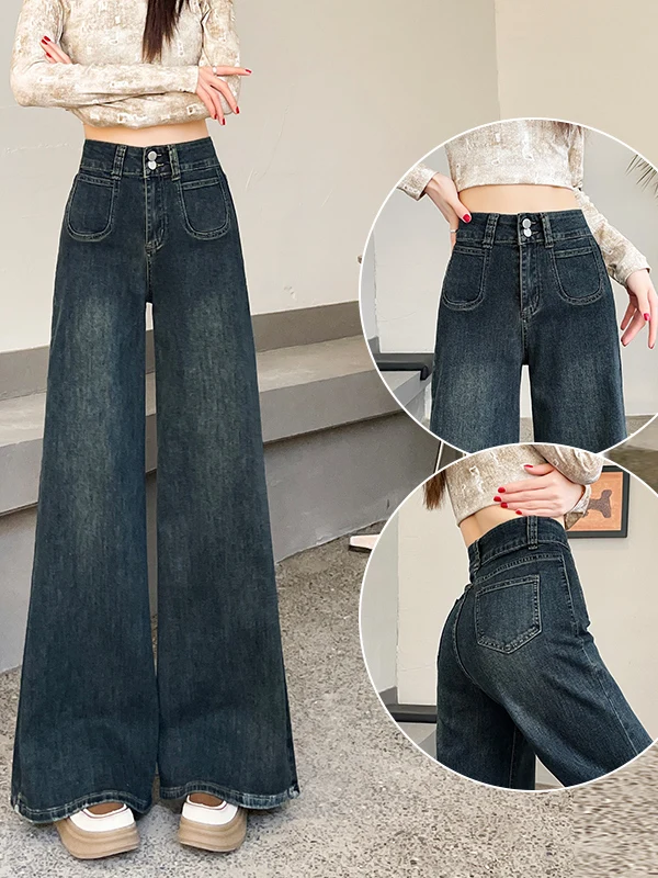 

Джинсы с высокой талией и широкими штанинами для женщин, свободного кроя, длинные брюки, весна-осень, новинка, стройнящие, драпирующиеся, прямые, в пол