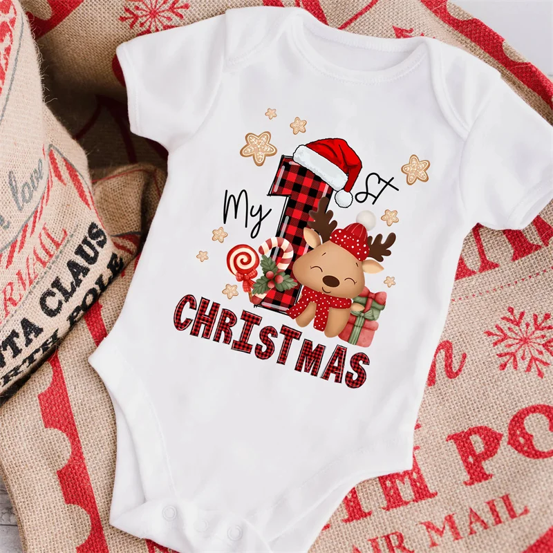 

Cute My 1st Christmas Newborn Baby Short Sleeve Bodysuit Cartoon Reindeer Christmas Printed Infant Boys Girls Rompers Xmas Gift