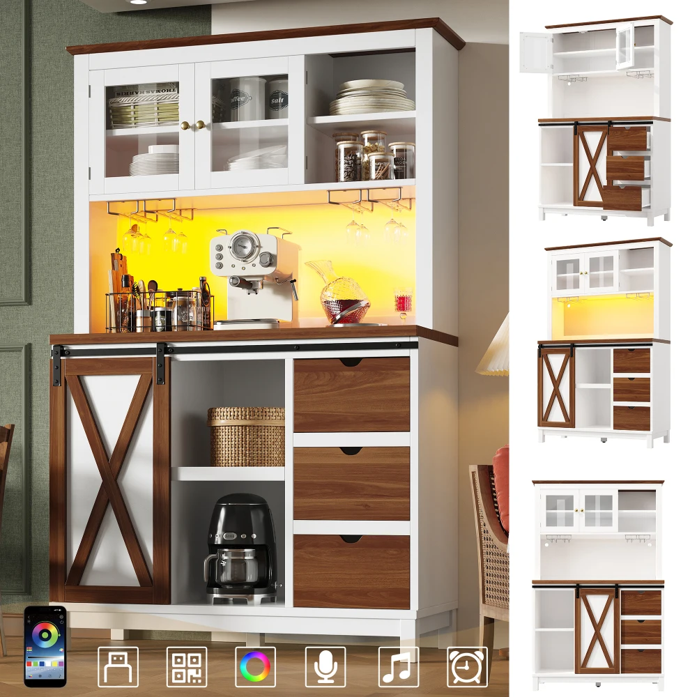 155x65x40cm Weißer Moderner Hoher Aufbewahrungsschrank mit APP-Steuerung LED-Beleuchtung Schiebetür Drei Schubladen Multifunktionaler Sideboard-Schrank für Küche Esszimmer Wohnzimmer Heim Innenbereich