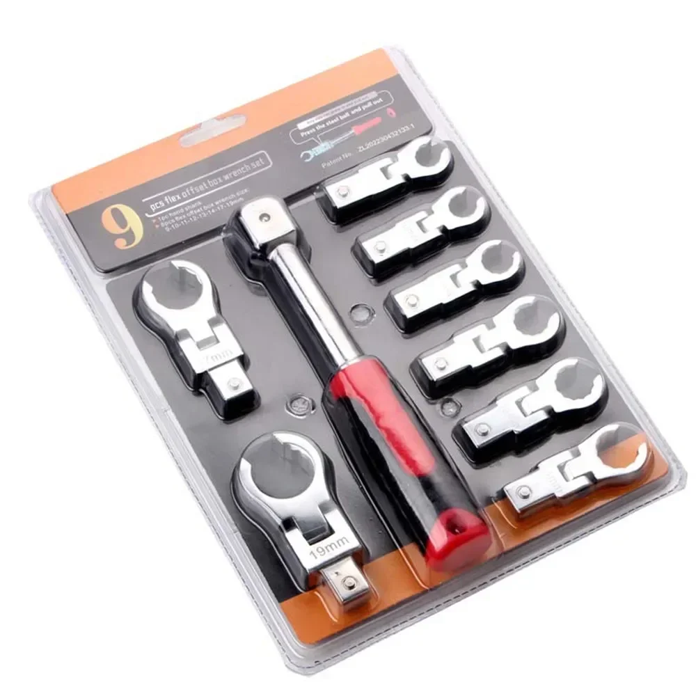9-Piece 180° Rotating Ratchet Wrench Set Durable Chrome Vanadium Steel, Detachable Head for Oil Line & Automotive Maintenance
